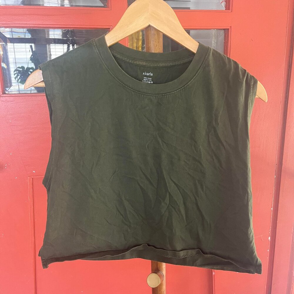 Hanes x Karla Top Olive Green Cotton Muscle T Tee Small